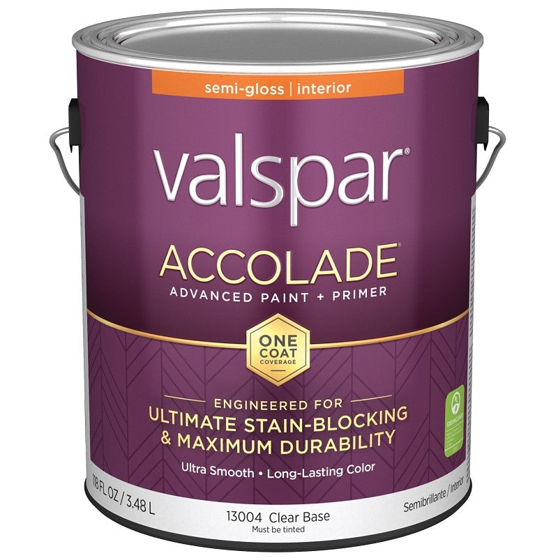 Valspar Accolade 1300 028.0013004.007 Latex Paint, Acrylic Base, Semi-Gloss, Clear Base, 1 gal, Plastic Can (Pack of 4)