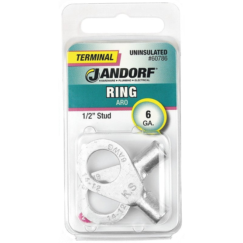 Jandorf 60786 Ring Terminal, 6 AWG Wire, 1/2 in Stud, Copper Contact
