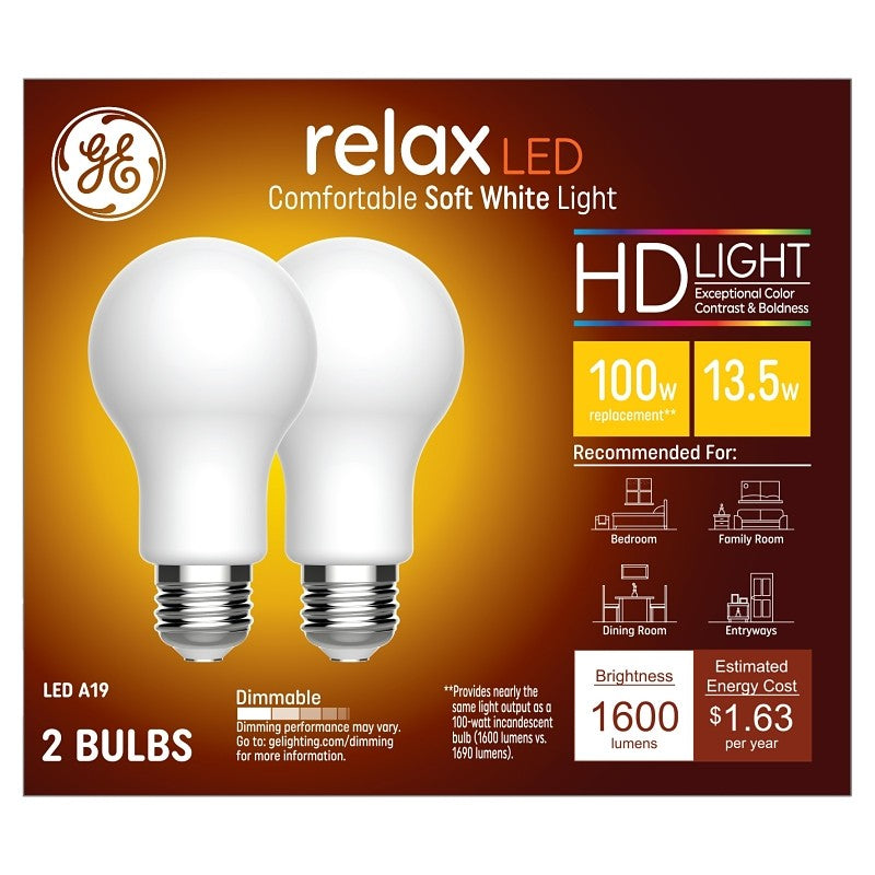 GE 93129807 HD + LED Light Bulb, A19 Lamp, 100 W Equivalent, E26/24 Medium Lamp Base, Dimmable, White, Soft White Light