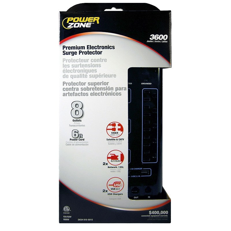 PowerZone OR503118 Surge Protector Power Strip, 125 V, 15 A, 8-Outlet, 3600 Joules Energy, Black