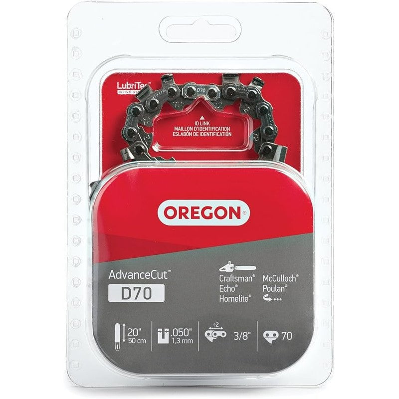 Oregon D70 Chainsaw Chain, 20 in L Bar, 0.05 Gauge, 3/8 in TPI/Pitch, 70-Link