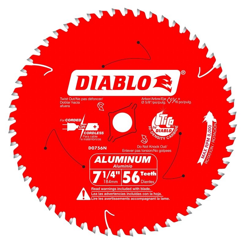 Diablo D0756N Circular Saw Blade, 7-1/4 in Dia, 5/8 in Arbor, 56-Teeth, Carbide Cutting Edge