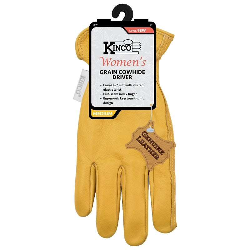 Kinco 98W-M Gloves, Women's, M, Keystone Thumb, Easy-On Cuff, Cowhide Leather, Gold