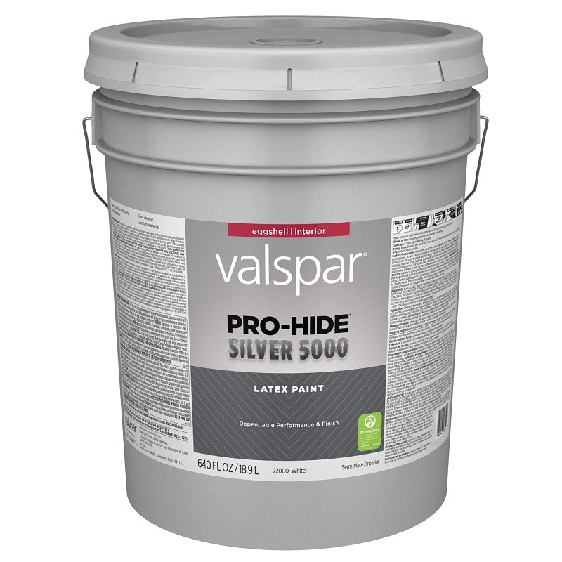 Valspar Pro-Hide Silver 5000 7300 028.0072000.008 Latex Paint, Water Base, Eggshell, White Base, 5 gal