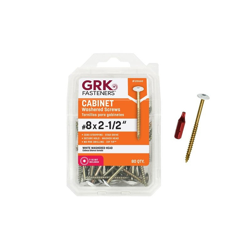 GRK Fasteners 120660 Cabinet Screw, 2-1/2 in L, Low-Profile, Washer Head, Star Drive, Zip-Tip Point, Stainless Steel