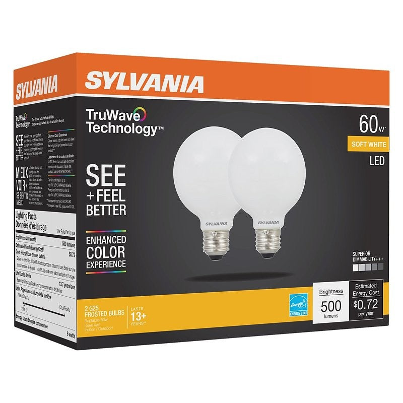 Sylvania 40767 Natural LED Bulb, Globe, G25 Lamp, 60 W Equivalent, E26 Lamp Base, Dimmable, Frosted, Soft White Light