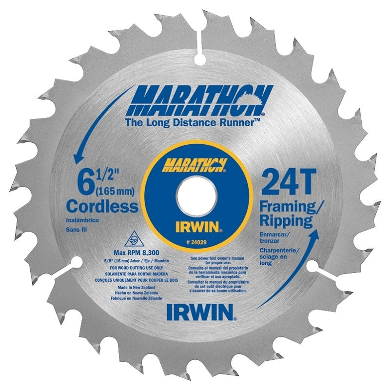 Irwin Marathon 24029 Circular Saw Blade, 6-1/2 in Dia, 5/8 in Arbor, 24-Teeth, Carbide Cutting Edge, 8300 rpm (Pack of 3)