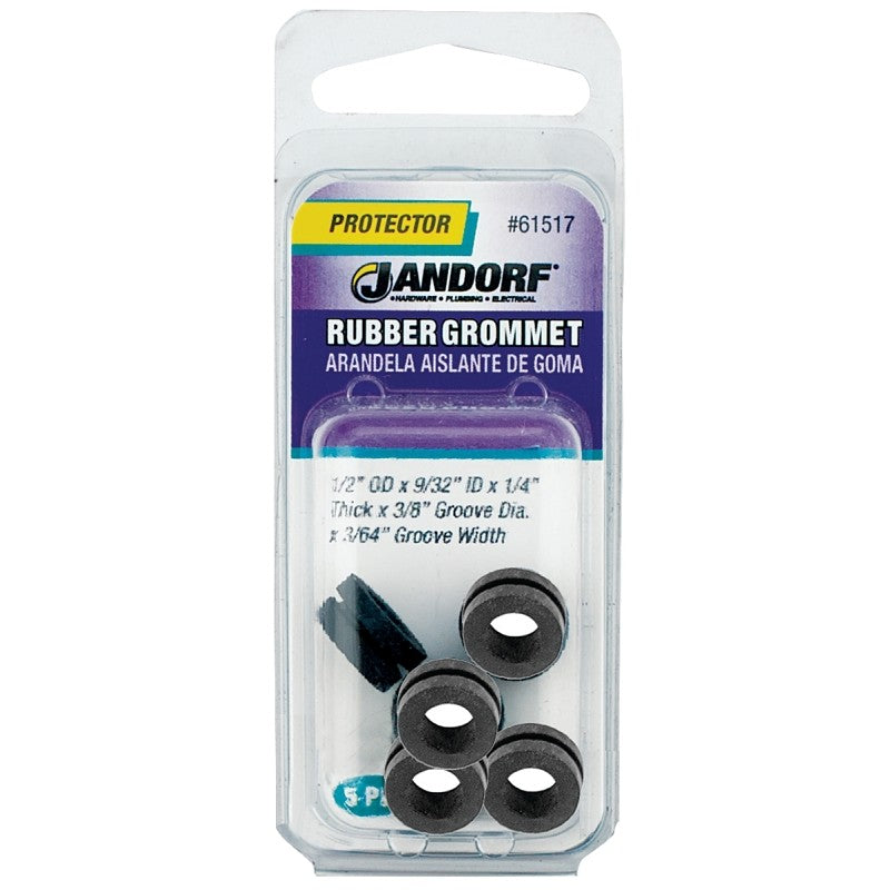 Jandorf 61517 Grommet, 9/32 in ID, 1/2 in OD, Rubber, Black, 1/4 in Thick Panel