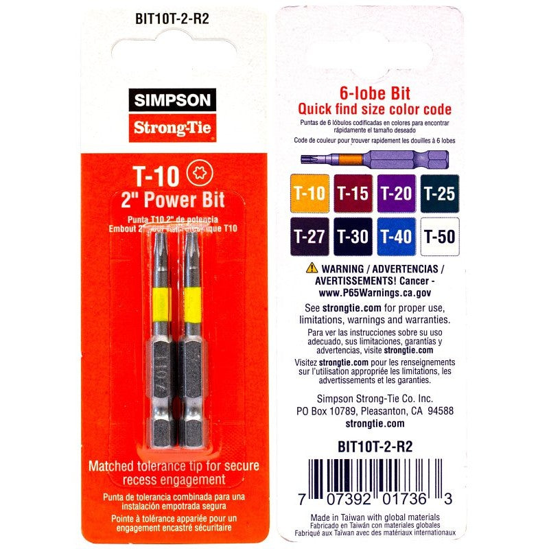 Simpson Strong-Tie BIT10T-2-R2 Driver Bit, T10 6-Lobe Drive, 2 in L