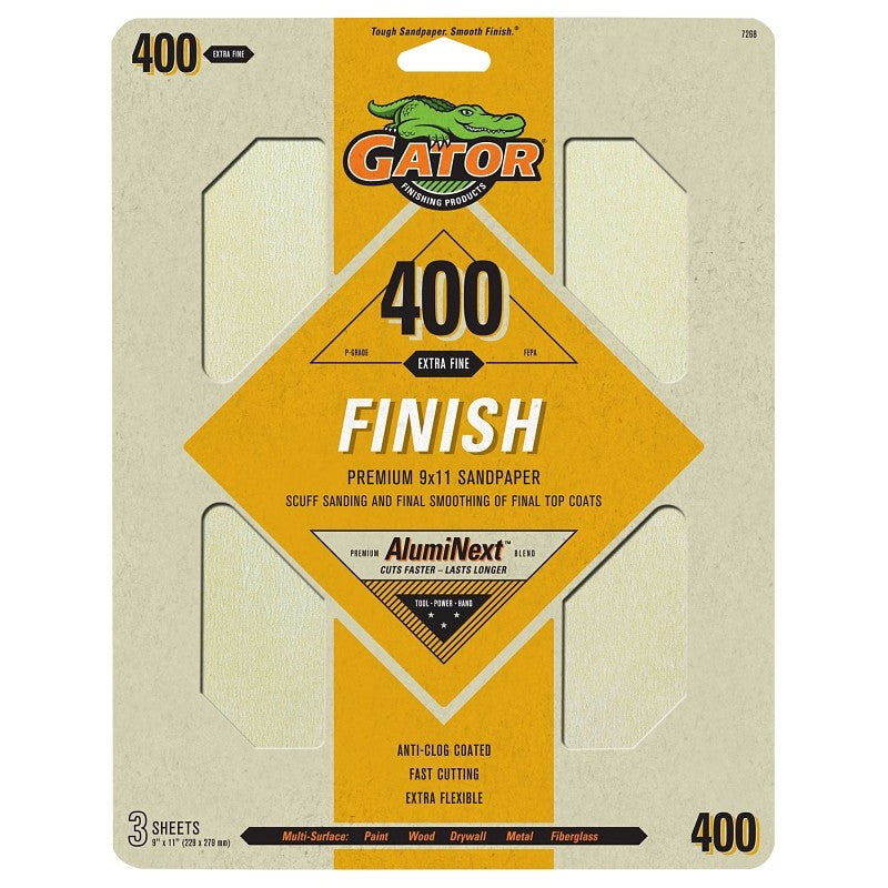 Gator 7268 Premium Sandpaper, 9 in W, 11 in L, 400 Grit, Fine, Latex Backing