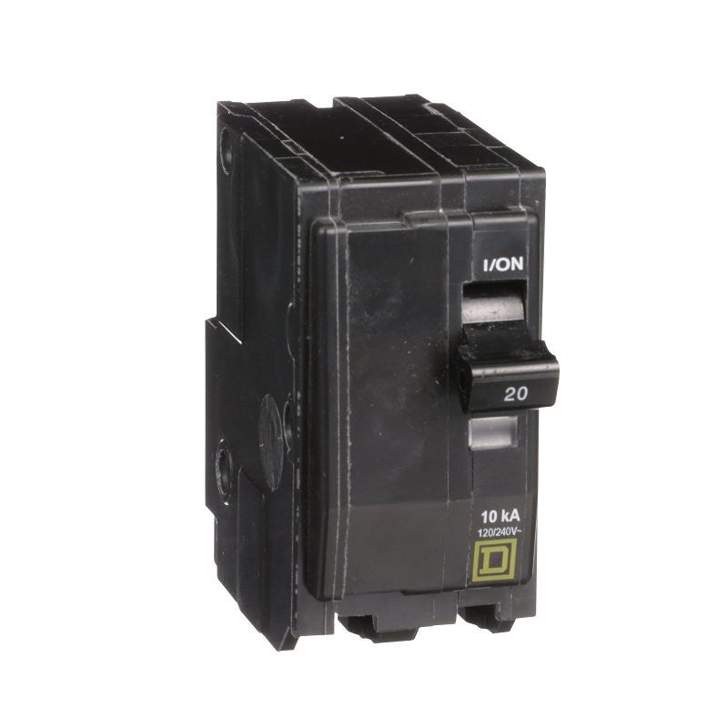 Square D QO QO220CP Circuit Breaker, Mini, 20 A, 2-Pole, 120/240 VAC, 48 VDC, Plug, Black