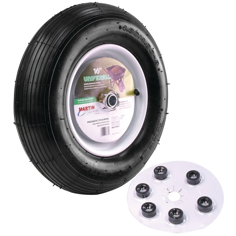 MARTIN Wheel 408TTRIB31 Wheelbarrow Wheel with Universal Hub, 16 in Dia Tire, 4.8 x 4/8 in Tire, Ribbed Tread