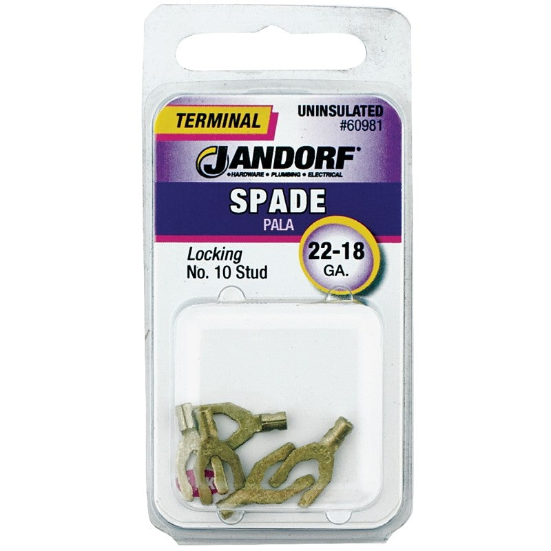 Jandorf 60981 Spade Terminal, 600 V, 22 to 18 AWG Wire, #10 Stud, Copper Contact, Tin, 5/PK