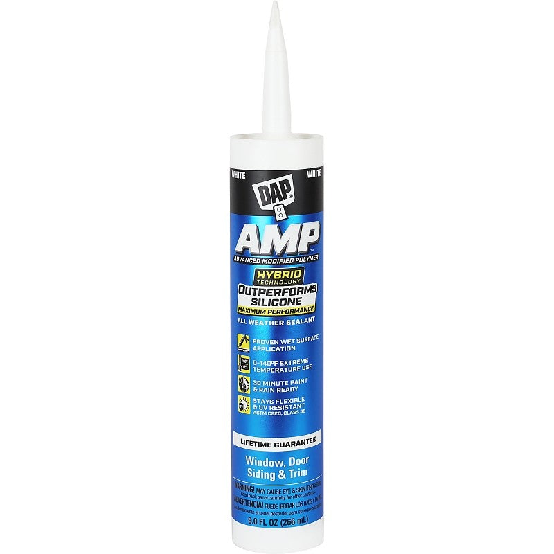 DAP AMP 7079800760 Advanced Sealant Caulk, White, 30 to 60 min Curing, 0 to 140 deg F, 9 oz Cartridge