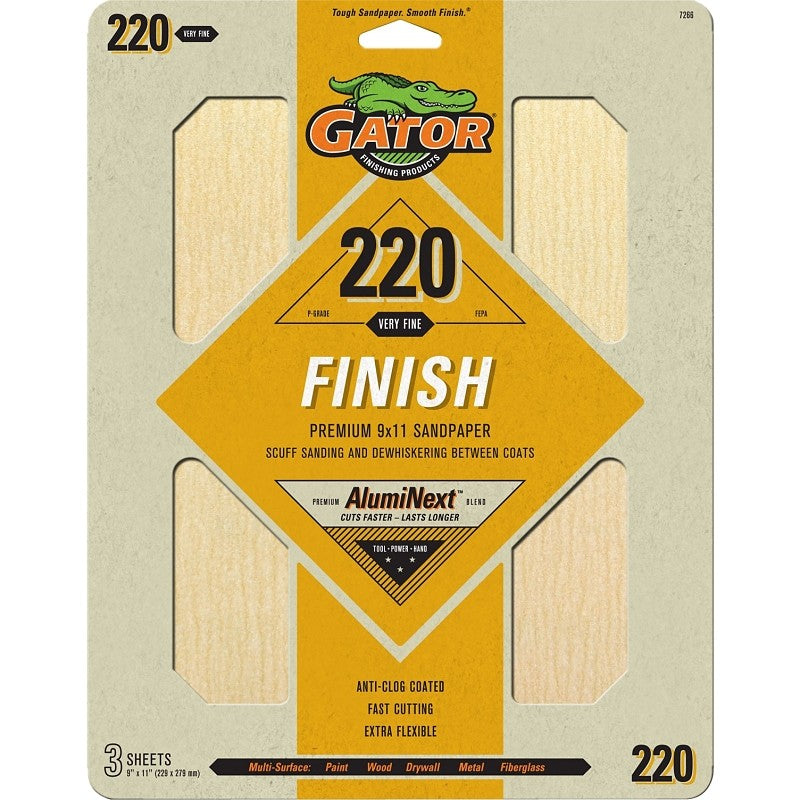 Gator 7266 Sanding Sheet, 9 in W, 11 in L, 220 Grit, Extra Fine, Aluminum Oxide Abrasive