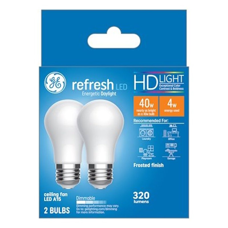 GE Refresh Series 31375 Replacement LED Light Bulb, A15 Lamp, 40 W Equivalent, E26 Medium Lamp Base, Dimmable, White