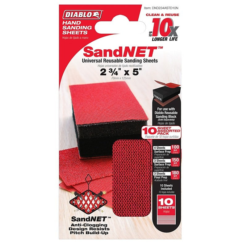 Diablo SandNET DND234ASTD10N Reusable Sanding Sheet Pack, 2-3/4 in L, 5 in W, Fine, Medium, 100, 150, 180 Grit