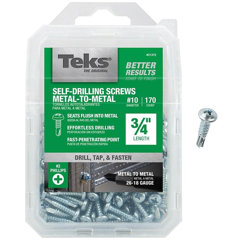 Teks 21372 Screw, #10 Thread, 3/4 in L, Coarse Thread, Pan Head, Phillips Drive, Self-Drilling, Self-Tapping Point, Zinc
