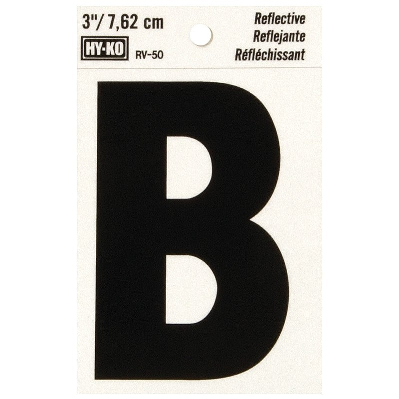 Hy-Ko RV-50/B Reflective Letter, 2-1/2 in W x 4 in H Dimensions, Character: B, 3 in H Character, Black Character, Vinyl (Pack of 10)