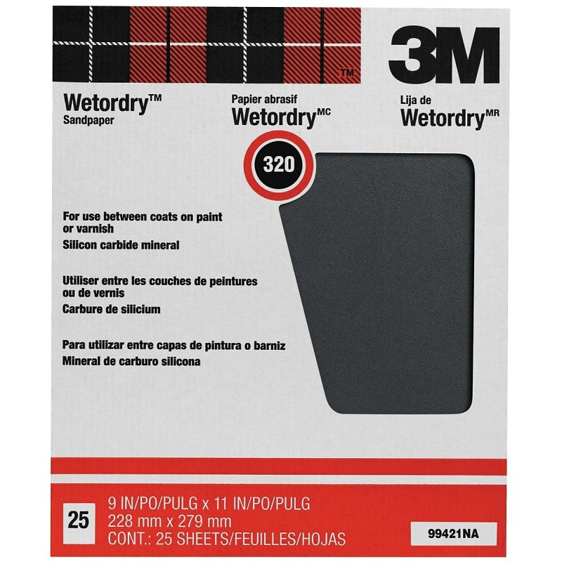 3M Wetordry 99421NA Sandpaper, 11 in L, 9 in W, Extra Fine, 320 Grit, Silicon Carbide Abrasive, Paper Backing
