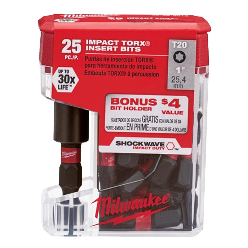 Milwaukee SHOCKWAVE 48-32-5013 Insert Bit, T20 Drive, Torx Drive, 1/4 in Shank, Hex Shank, 1 in L, Steel