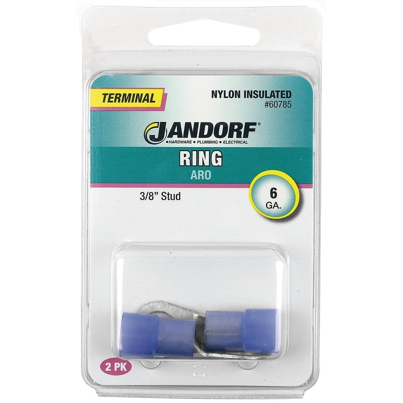 Jandorf 60785 Ring Terminal, 6 AWG Wire, 3/8 in Stud, Nylon Insulation, Copper Contact, Blue