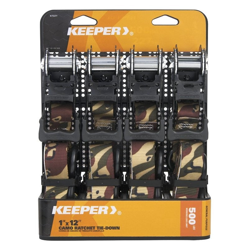 Keeper 47321 Ratchet Tie Down With Open Handle, 1 in W, 12 ft L, Camo, 500 lb Working Load, S-Hook End