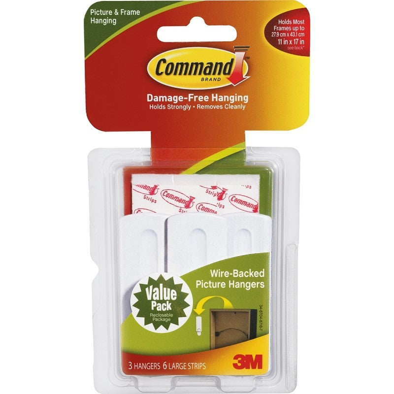 Command 17043 Picture Hanger, 5 lb, Plastic, White, Adhesive Strip, 3 in L x 1 in W x 1/4 in H, 4/PK