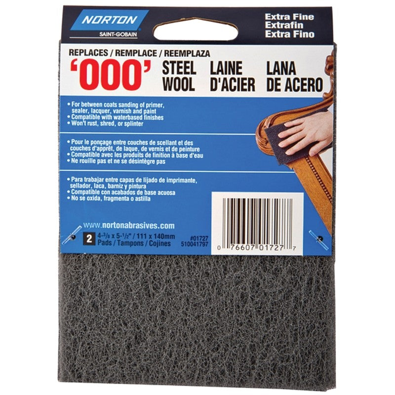 Norton 01727 Steel Wool, 4-3/8 in L, 5-1/2 in W, #000 Grit, Extra Fine, Gray