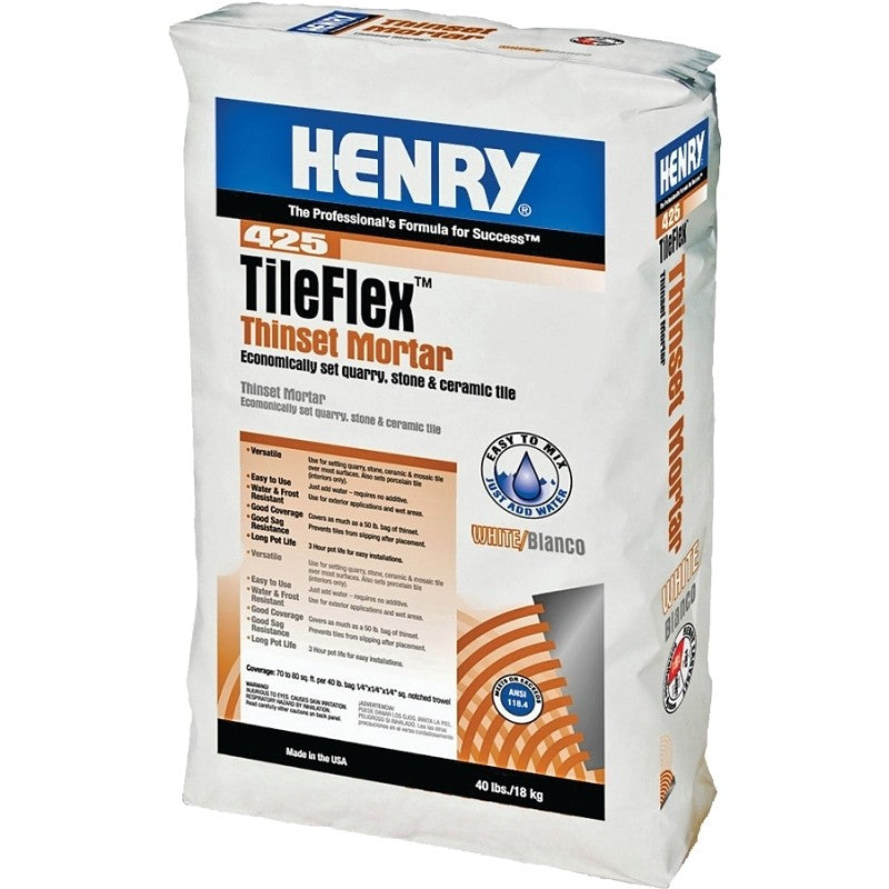 Henry 425 TileFlex Series 12261 Thin-Set Mortar, White, Fine Solid Powder, 40 lb, Bag