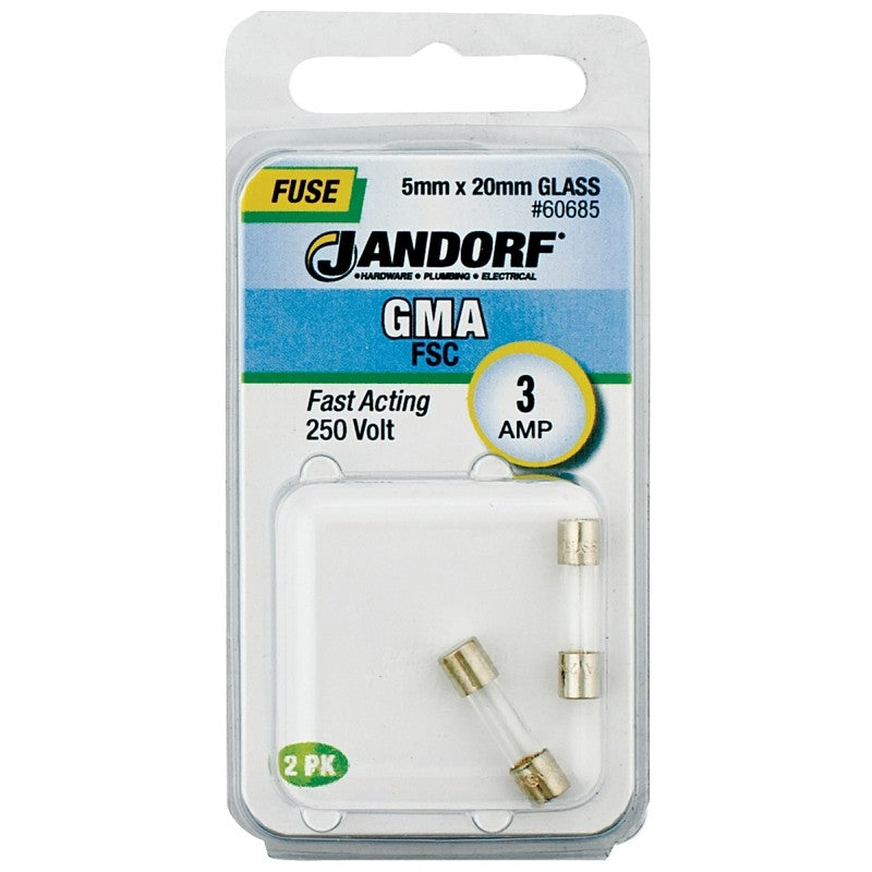 Jandorf 60685 Series Fast Acting Fuse, 0.03 Ohm, 3 A, 250 V, 100 A, 10 kA Interrupt, Glass Body