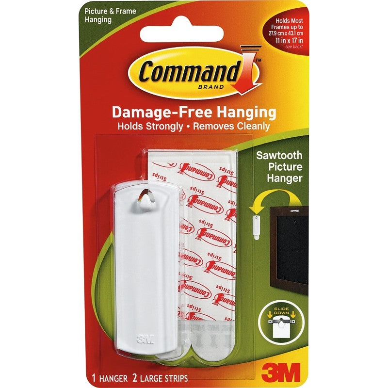 Command 17040 Picture Hanger, 5 lb, Plastic, White, Adhesive Strip, 3 in L x 1 in W x 1/16 in H, 1/PK