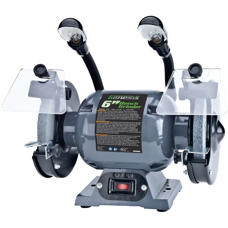 Genesis GBG600L Bench Grinder, 120 VAC, 1.5 A, 1/2 in Arbor/Spindle, 6 in Dia Wheel, 3550 rpm Speed