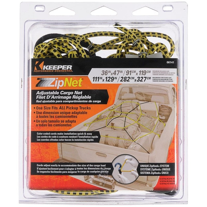 Keeper ZipNet 06141 Adjustable Cargo Net, 86 in L, 74 in W, Rubber, Black/Yellow