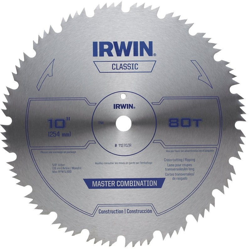 Irwin 11270ZR Circular Saw Blade, 10 in Dia, 5/8 in Arbor, 80-Teeth, Applicable Materials: Wood