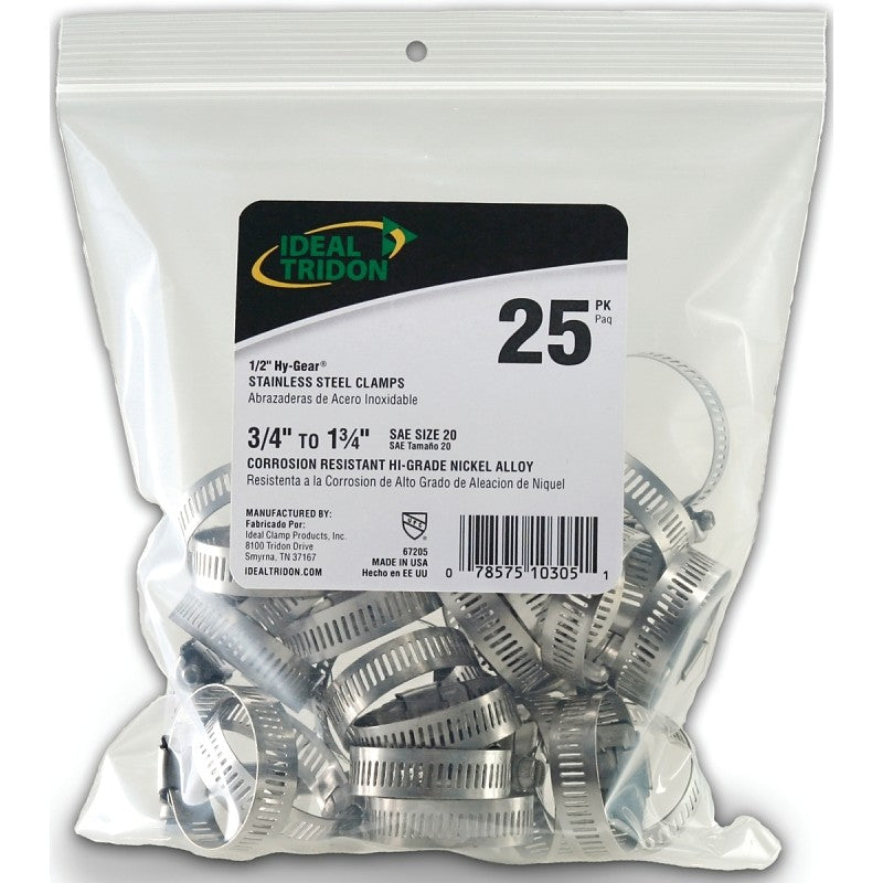 Ideal-Tridon Hy-Gear 67-6 Series 6720550 Worm Gear Hose Clamp, #20, 3/4 to 1-3/4 in, Stainless Steel
