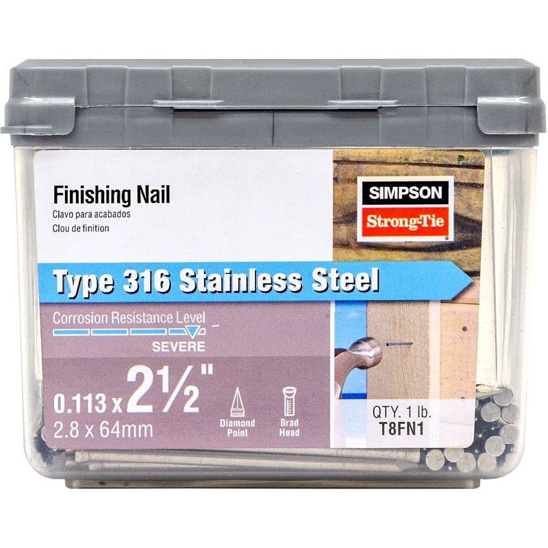 Simpson Strong-Tie T8FN1 Finishing Nail, 8D, 2-1/2 in L, 12 ga Gauge, Stainless Steel, Brad Head, Smooth Shank