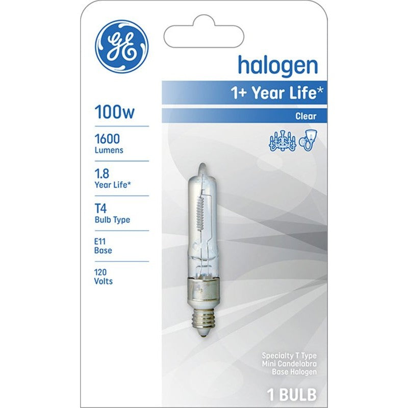 GE 19383 Halogen Bulb, 100 W, E11 Candelabra Lamp Base, T4 Lamp, White Light, 1600 Lumens, 2800 K Color Temp