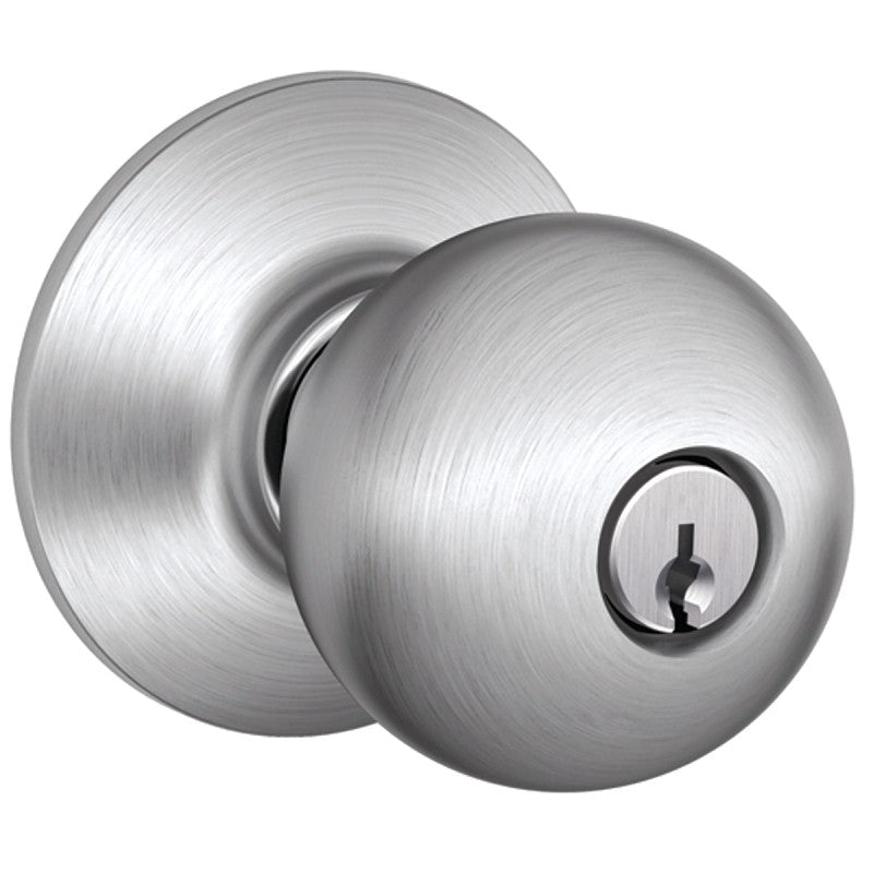 Schlage F Series F51A CSVORB626KA4 Entry Knob, Orbit, Knob Handle, Satin Chrome, Metal, C Keyway, 2-3/4 in Dimensions