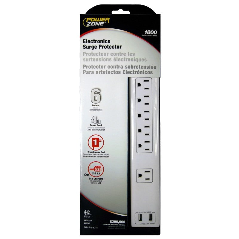 PowerZone OR525106 Surge Protector Power Strip, 125 V, 15 A, 6-Outlet, 1800 Joules Energy, White