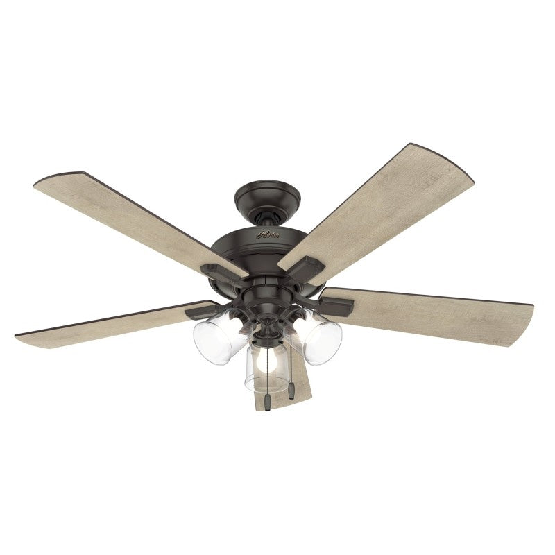 Hunter Crestfield Series 54205 Ceiling Fan, 5-Blade, Bleached Gray Pine/Gray Walnut Blade, 52 in Sweep, MDF Blade
