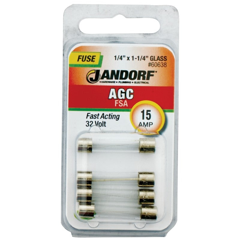 Jandorf 60638 Series Fast Acting Fuse, 0.006 Ohm, 15 A, 32 V, 1 kA Interrupt, Glass Body