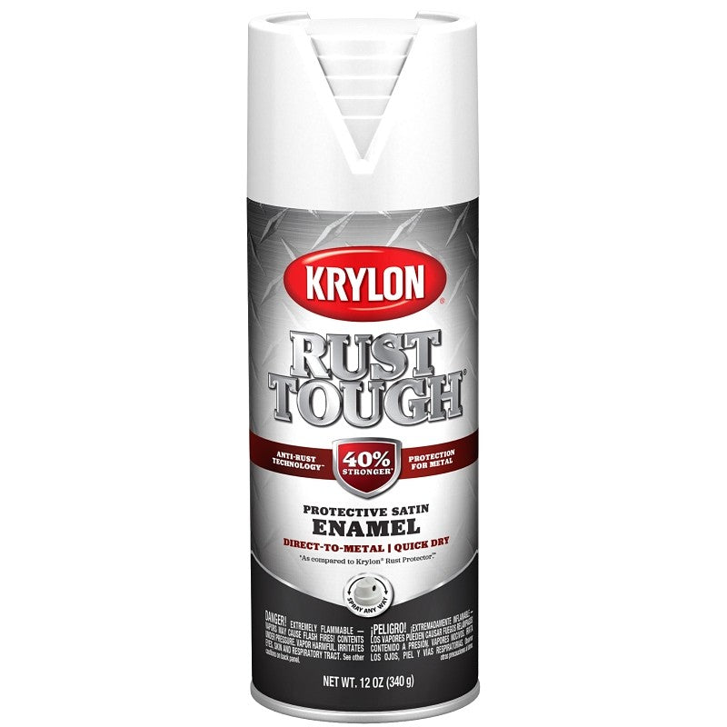 Krylon Rust Tough K09268008 Enamel Spray Paint, Satin, White, 12 oz, Can (Pack of 6)