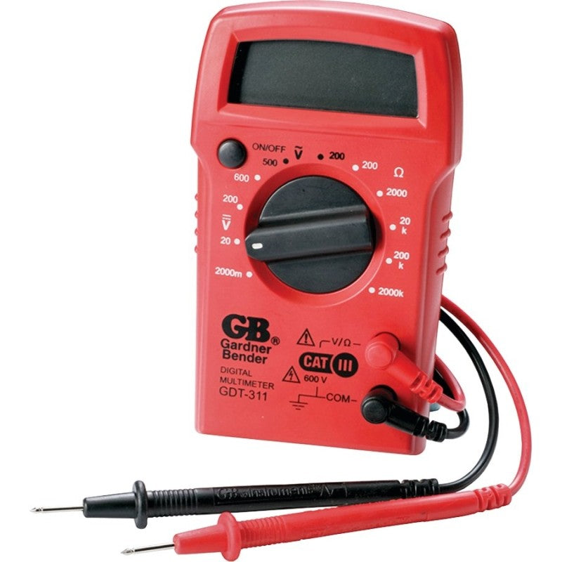 Gardner Bender GDT-311 Multimeter, 2 mOhm, 500 VAC, 600 VDC, 2 MOhm, Digital, LCD Display, Red