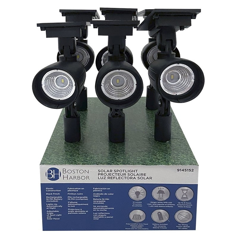 Boston Harbor 26078 Solar Spotlight, NI-Mh Battery, AA Battery, 1-Lamp, Plastic Fixture, Black, Battery Included: Yes (Pack of 6)