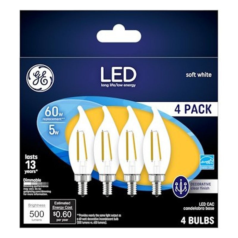 GE 93129333 Decorative LED Light Bulb, Bent Tip, 500 Lumens, 5 W, CAC Lamp, 60 W Equivalent, E12 Candelabra Lamp Base