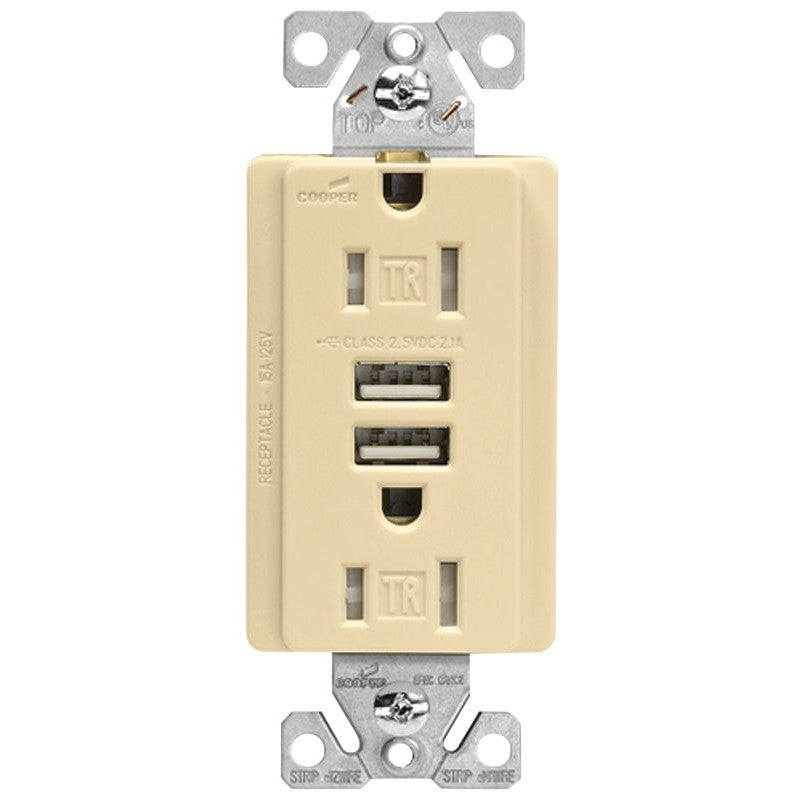 Eaton TR7755V-K-L Receptacle, 15 A, 125 V, 2-USB Port, NEMA: NEMA 5-15R, Ivory