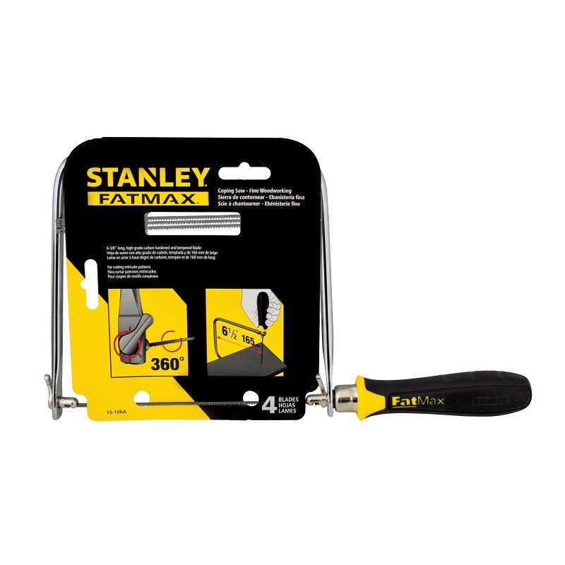 STANLEY 15-106A Coping Saw, 6-3/8 in L Blade, 15 TPI, HCS Blade, Plastic/Rubber Handle