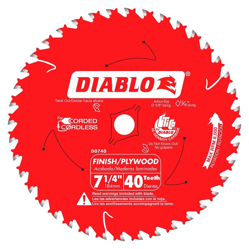 Diablo D0740X Circular Saw Blade, 7-1/4 in Dia, 5/8 in Arbor, 40-Teeth, Carbide Cutting Edge, Super Thin Kerf Teeth