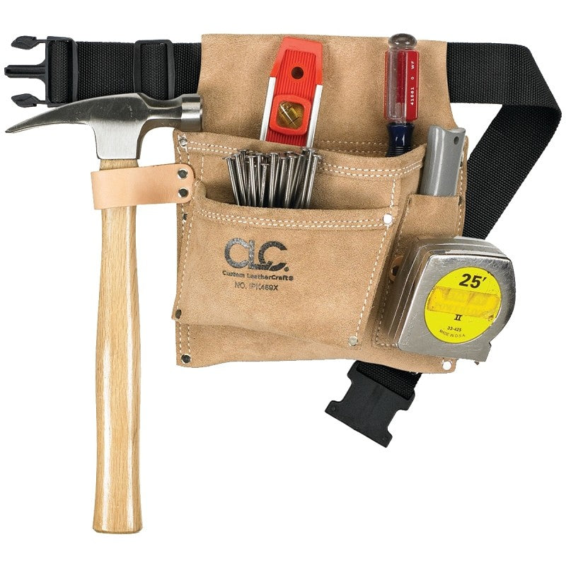 CLC IPK489X Nail/Tool Bag, 3-Pocket, Suede Leather, Tan